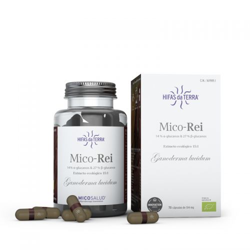 Mico-Rei. Complemento alimenticio de alta concentración (ratio 15:1) en cápsulas elaborado con extracto puro de Reishi (<i>Ganoderma lucidum</i>) de producción ecológica certificada.  Ingredientes no GMO. 70 cápsulas de 390 mg. CN: 161989.1. Sustancias bioactivas naturales de Mico-Rei: alfa, beta y D-glucanos, compuestos triterpenoides (ergosterol, ácidos ganodéricos A, F y D; ácidos ganolucínicos C y C2; lucidumol B y lucidona A), ácido alpha-linolénico C18:3n6 (de la serie Omega-3) y germanio. Mico-Rei está libre de gluten, conservantes, productos químicos, edulcorantes, saborizantes, almidón, trigo, maíz, soja, azúcar y lácteos.