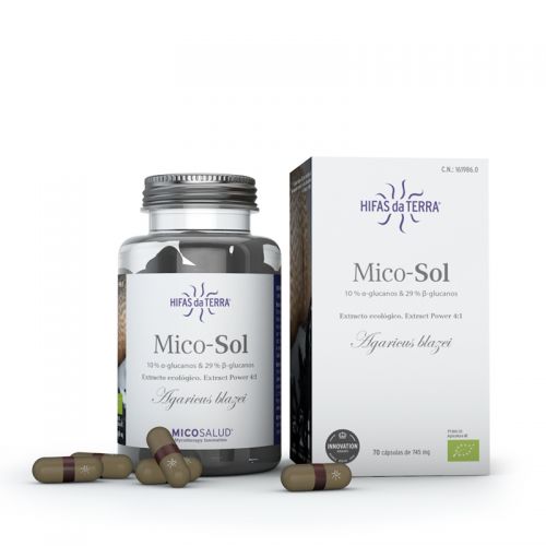 Mico-Sol. Complemento alimenticio de alta concentración (ratio 4:1) en cápsulas elaborado con extracto puro de Champiñón del sol (<i>Agaricus blazei</i>) de producción ecológica certificada. 70 cápsulas de 745 mg de extracto puro. C.N.: 161986.0. Sustancias bioactivas naturales de Mico-Sol: alpha, beta y D-glucanos, ácido linoleico C18:2n6, ácido alpha-linolénico C18:3n6, ácido γ-aminobutírico (GABA) y lovastatina. Mico-Sol está libre de gluten, conservantes, productos químicos, edulcorantes, saborizantes, almidón, trigo, maíz, soja, azúcar y lácteos. Ingredientes no GMO.