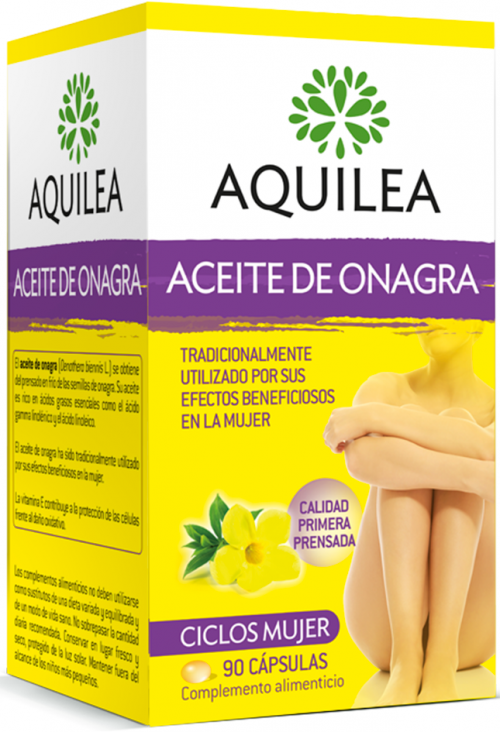 Aquilea Aceite de Onagra. Envase de 90 cápsulas. Cada cápsula contiene: 500 mg de aceite de onagra y 10 mg de d-alfa-tocoferol (vitamina E). CN: 309781.9.