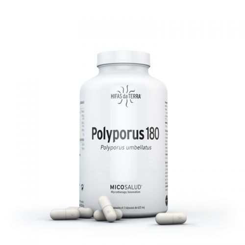 Polyporus 180. Complemento alimenticio en cápsulas de polvo y extracto de Polyporus (<i>Polyporus umbellatus</i>) procedente de cultivos controlados. 180 cápsulas de 500 mg (400 mg de polvo y 100 g de extracto).  Sustancias bioactivas: alfa, beta y D-glucanos. Polyporus 180 está libre de gluten, conservantes, productos químicos, edulcorantes, saborizantes, almidón, trigo, maíz, soja, azúcar y lácteos. Ingredientes no GMO.