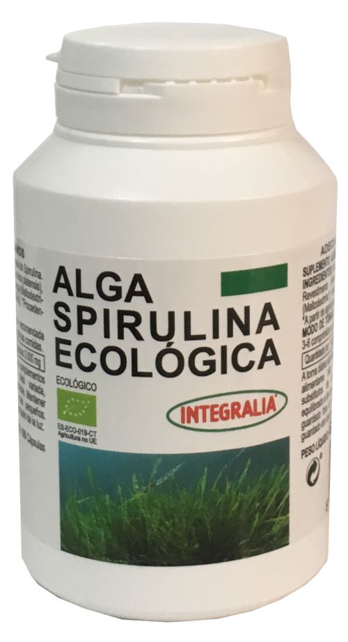 Alga Spirulina Ecológica. Frasco con 100 cápsulas. 6 cápsulas aportan 3000 mg de espirulina.