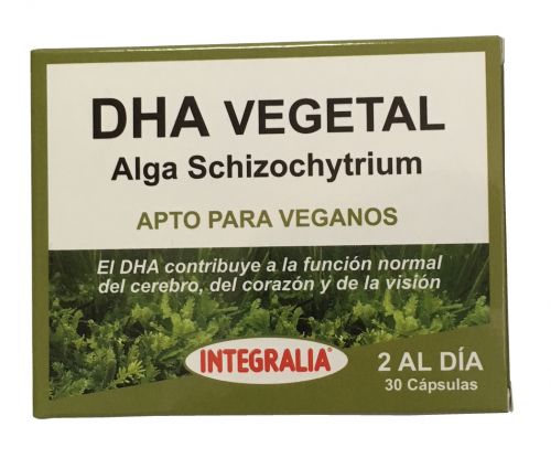 DHA Vegetal. Extracto de alga <i>Schizochytrium</i> 20 % DHA. Envase con 30 cápsulas. 2 cápsulas contienen 625 mg que equivalen a 250 mg de DHA. 