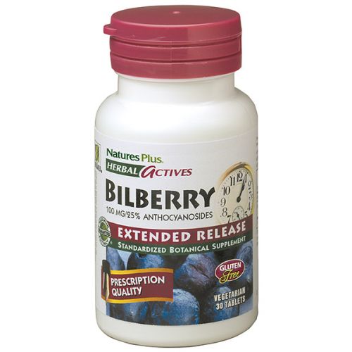Arándano azul (Bilberry). 60 comprimidos de libración sostenida. Ingredientes: extracto de mirtilo (<i>Vaccinium myrtillus</i>, fruto) valorado con un 25% de antocianósidos (25 mg). Complemento alimenticio.  