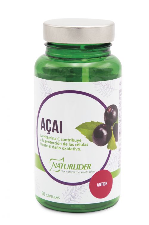 Açai Naturlider. 60 cápsulas vegetales. Cada cápsula contiene: 400 mg de extracto seco de açai (<i>Euterpe oleracea</i> Mart), estandarizado al 1% de polifenoles, 100 mg de ascorbato cálcico (vitamina C 80%), gelatina vegetal (hipromelosa (cápsula) y antiaglomerantes (estearato de magnesio y dióxido de silicio).. Complemento alimenticio.