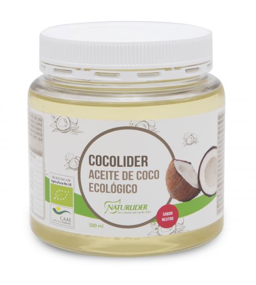 Cocolíder. Aceite de coco ecológico. 500 mL. Podría contener trazas de gluten, leche, huevo, soja, sulfitos, pescado y crustáceos.
