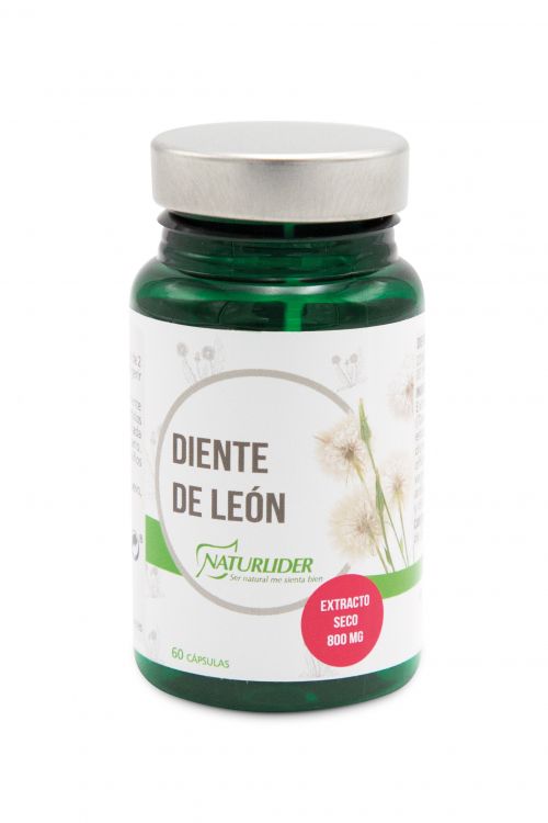 Diente de león Naturlider. 60 cápsulas vegetales. Ingredientes por dosis diaria (2 cápsulas): Extracto seco de diente de león (<i>Taxacarum officinale</i> Weber, raíz) 800 mg, diente de león en polvo (<i>Taxacarum officinale</i>, partes aéreas) 130 mg, gelatina vegetal, antiaglomerante (estearato de magnesio y dióxido de silicio). Complemento alimenticio.