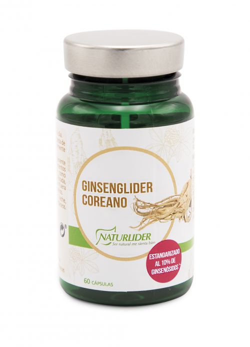 Ginsenglider Coreano. 60 cápsulas de origen vegetal. Ingredientes por dosis diaria (2 cápsulas): 1.000 mg de extracto seco de Ginseng coreano (<i>Panax ginseng</i> C.A. Meyer, rizoma), estandarizado al 10% de gingenósidos, antiaglomerantes (estearato de magnesio y dióxido de silicio), envoltura (gelatina vegetal). Complemento alimenticio.