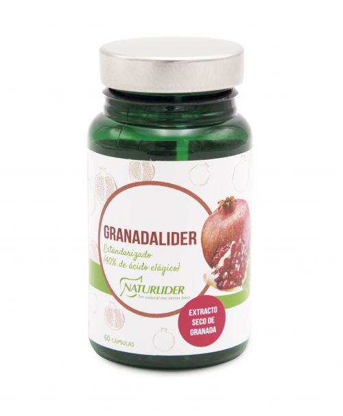 Granadalíder. 60 cápsuilas vegetales. Ingredientes por dosis diaria (2 cápsulas): 700 mg de extracto seco de Granada (<i>Punica granatum</i>, frutos), estandarizado al 40% de ácido elágico, incrementador de volumen (celulosa microcristalina), antiaglomerante (estearato de magnesio, dióxido de silicio). Se recomienda la ingesta de 1 cápsula dos veces al día, preferiblemente con comida.Complemento alimenticio.