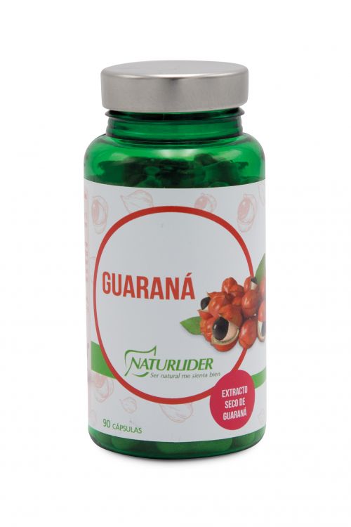 Guaraná Naturlíder. 90 cápsulas vegetales. Ingredientes por dosis diaria (1 cápsula): Extracto seco de guaraná (<i>Paullinia cupana</i>, semillas) 500 mg, estandarizado al 12% de cafeína, agente de recubrimiento (hidroxipropilmetilcelulosa (cápsula), y antiaglomerantes (estearato de magnesio, dióxido de silicio). Complemento alimenticio. 