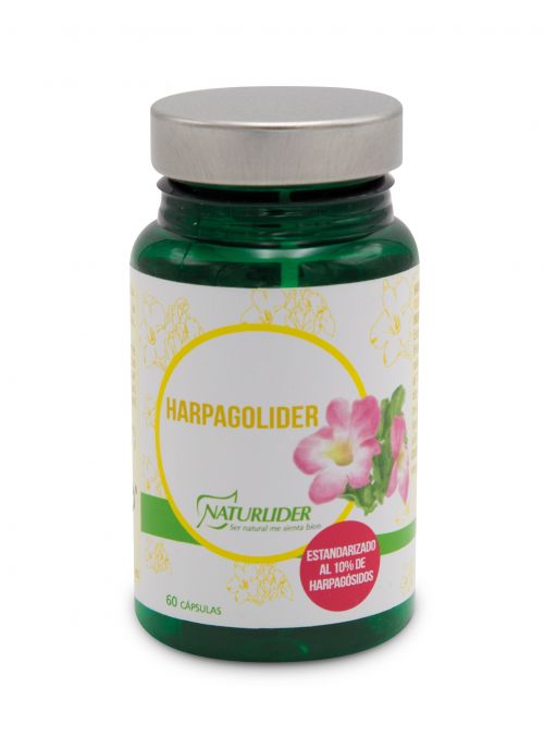 Harpagolíder. 60 cápsulas de origen vegetal. Cada cápsula contiene 200 mg de extracto seco (10-12:1, etanol 30%) de raíces secundarias de harpagofito Iridoforce<sup>®</sup> (<i>Harpagophytum procumbens</i>), estandarizado al 10% de harpagósido, agentes de carga (maltodextrina y celulosa microcristalina) y antiaglomerantes (estearato de magnesio y dióxido de silicio). Cápsula (gelatina vegetal). Complemento alimenticio. 