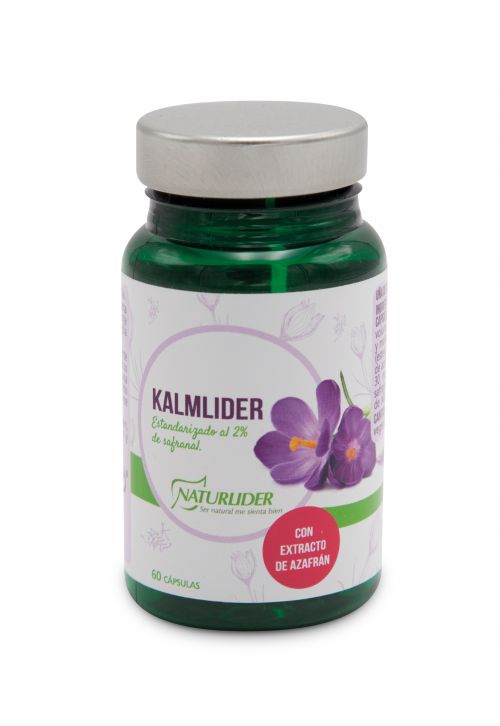 Kalmlíder. Envase de 60 cápsulas. Cada cápsula contiene 15 mg de extracto seco de azafrán (<i>Crocus sativus</i>, estigmas), estandarizado al 2% de safranal, agente de carga (celulosa microcristalina y maltodextrina) y antiaglomerantes (estearato de magnesio y dióxido de silicio), cápsula (gelatina vegetal). CN: 163417.7. Complemento alimenticio. 