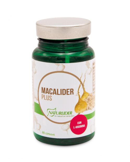 Macalíder Plus. 60 cápsulas vegetales. Ingredientes por dosis diaria (2 cápsulas): Extracto seco de maca (<i>Lepidium meyenii</i> Walp., tubérculos) 700 mg, L-arginina 100 mg, incrementador de volumen (celulosa microcristalina) y antiaglomerante (estearato de magnesio, dióxido de silicio). Complemento alimenticio.