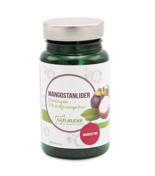 Mangostianlíder. 60 cápsulas vegetales. Ingredientes por dosis diaria (2 cápsulas): Extracto seco de mangostino (<i>Garcinia mangostana</i>, frutos) 800 mg, estandarizado al 20% de alfa-mangostina, incrementador de volumen (maltodextrina) y antiaglomerantes (estearato de magnesio y dióxido de silicio). Complemento alimenticio.