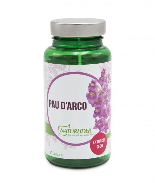 Pau D'Arco Naturlíder. 90 cápsulas vegetales. Ingredientes por dosis diaria (3 cápsulas): 1.500 mg de extracto seco de Pau D'Arco (<i>Tabebuia impetiginosa</i>, corteza), agente de carga (celulosa microcristalina), antiaglomerantes (estearato de magnesio y dióxido de silicio), envoltura (gelatina vegetal). Complemento alimenticio.