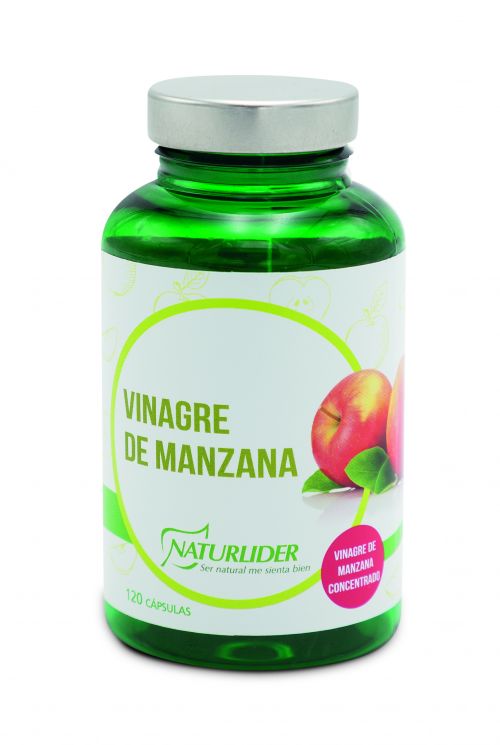 Vinagre de manzana Naturlíder. 120 perlas. Ingredientes por dosis diaria (2 cápsulas): vinagre de manzana en polvo 800 mg, agente de carga (maltodextrina) y antiaglomerante (estearato de magnesio). Complemento alimenticio.