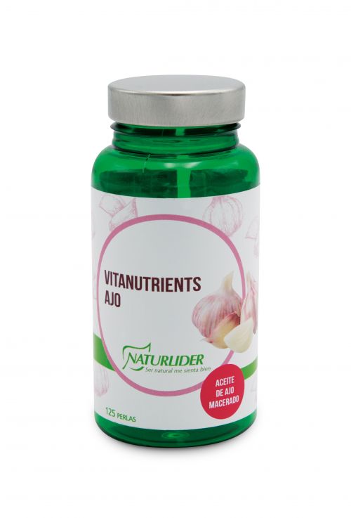 Vitanutrients Ajo. Envase de 125 perlas. Ingredientes: 500 mg de aceite macerado de ajo (<i>Allium sativum</i> L, bulbo), gelatina pescado blanca, glicerina y agua. Complemento alimenticio.