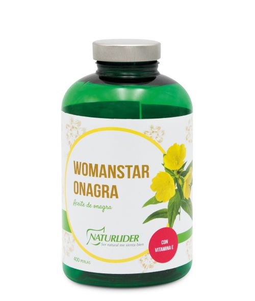 Womanstar Onagra. Envases de 125 y 400 perlas. Cada cápsula contiene 500 mg aceite de onagra (<i>Oenothera biennis</i> L. de 1ª presión en frio (10% GLA, acido gamma linolénico), antioxidantes antioxidantes naturales (tocoferoles naturales E-306, palmitato de ascorbilo E304i y galato de propilo E-310) 0,1 mg, gelatina y glicerina. Complemento alimenticio.