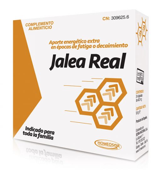 Jalea Real Pharmasor. 24 cápsulas de 400 mg. Ingredientes: 300 mg de jalea real liofilizada, lactosa,sal magnésica de ac. grasos: estearato de magnesio. CN: 309625.6