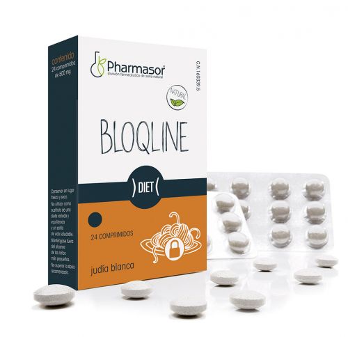 Bloqline Comprimidos. 24 comprimidos de 500 mg. Extracto seco de judía blanca (<i>Phaseolus vulgaris</i> L, fruto) 425 mg. Estabilizantes: celulosa microcristalina y carboximetilcelulosa sódica reticulada, antiaglomerante: sales magnésicas de ácidos grasos. CN: 160339.5.