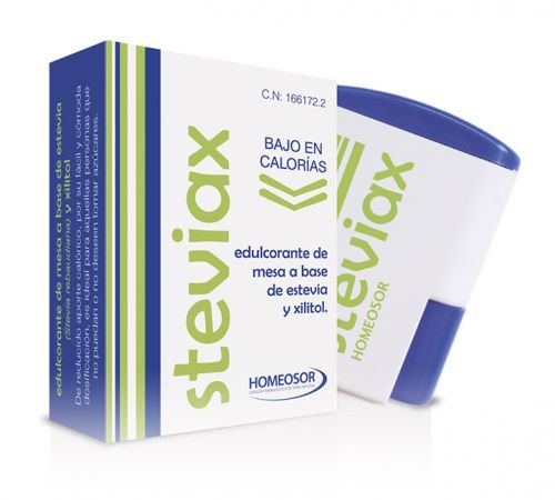 Steviax comprimidos. 200 compr¡imidos de 50 mg. Extracto purificado de <i>Stevia rebaudiana</i> (rebaudiósido: 98%), xilitol, corrector de la acidez: bicarbonato potásico, citrato potásico, estabilizante: celulosa, antiaglomerantes: sal magnésica de ác grasos y dióxido de silicio. CN: 166172.2.