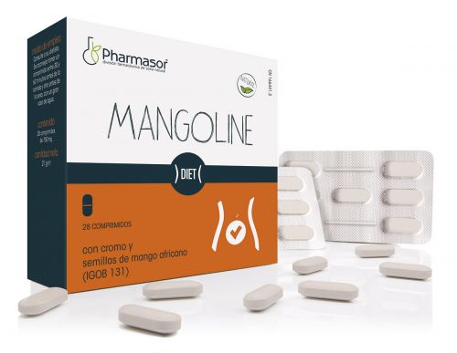 Mangoline tablets. 28 copmprimidos de 75o mg. Ingredientes por comprimido: Almidón de arroz, estabilizante: celulosa microcristalina, 150 mg de extracto seco de mango africano (<i>Mangifera indica</i> var. <i>gabonensis</i>, semillas, (IGOB 131), estabilizante: carboximetilcelulosa sódica reticulada, antiaglomerantes: dióxido de silicio y sales magnésicas de ácidos grasos, tricloruro de cromo. CN: 166414.3.