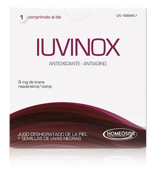 Iuvinox. 28 comprimidos de 800 mg. Ingredientes: jugo deshidratado de la piel y semillas de uvas negras (57,5%), estabilizadores: almidón de arroz, celulosa microcristalina. CN: 168946.7.