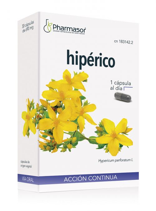 Hipérico Cápsulas Pharmasor. 30 cápsulas de 690 mg. Composición por cápsula: 300 mg de extracto liofilizado de hipérico (<i>Hypericum perforatum</i> L, S. florida) con un aporte de 700 µg de hipericinas totales expresadas como hipericina; estabilizante: celulosa microcristalina, agente de recubrimiento: copolímero de metacrilato neutro, cápsula (hidroxipropilmetilcelulosa). CN: 183142.2.