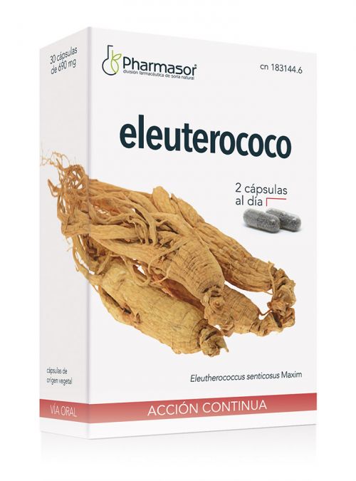 Eleuterococo Cápsulas Pharmasor. 30 cápsulas de 690 mg. Composición por cápsula: 300 mg de extracto de eleuterococo liofilizado (<i>Eleutherococcus senticosus</i> Maxim, raíz) con un aporte de 54 mg de saponinas y 1,5 mg de eleuterósidos; estabilizante: celulosa microcristalina, agente de recubrimiento: copolímero de metacrilato neutro, cápsula (hidroxipropilmetilcelulosa). CN: 183144.6.