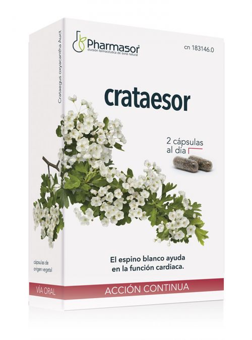 Crataesor 400 mg. 30 cápsulas. Cada cápsula contiene 400 mg de polvo de hojas y flores de <i>Crataegus oxyacanthoides</i> Thuill (espino blanco). Contenido en flavonoides (expresados como hiperósido) ≥ 6 mg/cápsula. Medicamento tradicional a base de plantas (MTP). CN: 183146.0.