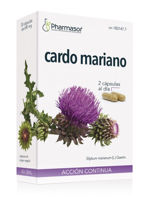 Cardo mariano Cápsulas Pharmasor. 30 cápsulas de 690 mg. Composición por cápsula: 300 mg de extracto liofilizado de cardo mariano (<i>Silybum marianum</i> (L.) Gaertn, semilla) con un aporte de 18 mg de silimarina; estabilizante: celulosa microcristalina, agente de recubrimiento: copolímero de metacrilato neutro, cápsula (hidroxipropilmetilcelulosa). CN: 183147.7.