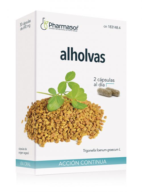 Alholvas Cápsulas Pharmasor. 30 cápsulas de 690 mg. Composición por cápsula: 300 mg de extracto liofilizado de alholvas (<i>Trigonella foenum-graecum</i> L, semilla) con un aporte de 3 mg de trigonellina; estabilizante: celulosa microcristalina, agente de recubrimiento: copolímero de metacrilato neutro, cápsula (hidroxipropilmetilcelulosa). CN: 183148.4.