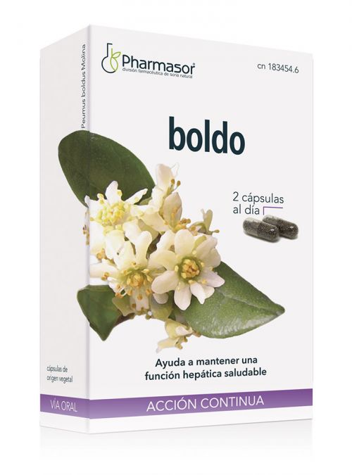 Boldo Cápsulas Pharmasor. 30 cápsulas de 690 mg. Composición por cápsula: 300 mg de extracto liofilizado de boldo (<i>Peumus boldus</i> Molina, hoja) con un aporte de 0,3 mg de boldina; estabilizante: celulosa microcristalina, agente de recubrimiento: copolímero de metacrilato neutro, cápsulas (hidroxipropilmetilcelulosa). CN: 183454.6