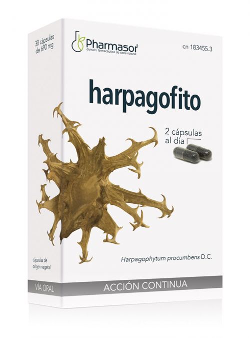 Harpagofito Cápsulas Pharmasor. 30 cápsulas de 690 mg. Composición por cápsula: 300 mg de extracto seco de harpagofito (<i>Harpagophytum procumbens</i> D.C., raíz) con un aporte de 20 mg de harpagósido; estabilizante: celulosa microcristalina, agente de recubrimiento: copolímero de metacrilato neutro, cápsulas (hidroxipropilmetilcelulosa). CN: 183455.3.