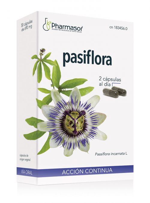 Pasiflora Cápsulas Pharmasor. 30 cápsulas de 690 mg. Composición por cápsula: 300 mg de extracto liofilizado de pasiflora (<i>Passiflora incarnata</i> L, parte aérea) con un aporte de 6 mg de flavonoides; estabilizante: celulosa microcristalina, agente de recubrimiento : copolimero de metacrilato neutro , cápsula (Hidroxipropilmetilcelulosa). CN: 183456.0.