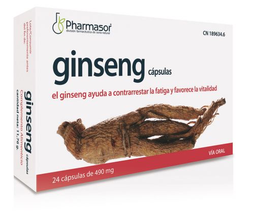 Ginseng Cápsulas Pharmasor. 24 cápsulas de 490 mg, Polvo de ginseng (<i>Panax ginseng</i>) C.A. Meyer, raíz) 400 mg. Cápsula (hidroxipropilmetilcelulosa). C.N.: 189634.6.