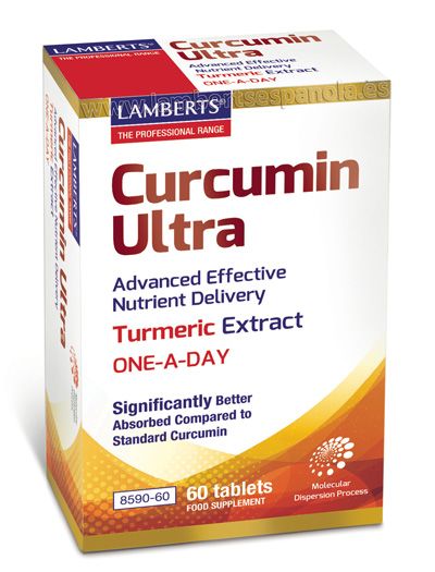 Curcumina Ultra. Envases de 30 y 60 comprimidos. Cada comprimido aporta 500 mg de cúrcuma de mayor absorción (menos de 1 hora) fabricado con las tecnologías patentadas CurcuWIN<sup>®</sup> y UltraSOL<sup>®</sup>. Cada comprimido aporta 100 mg de curcuminoides. Complemento alimenticio.