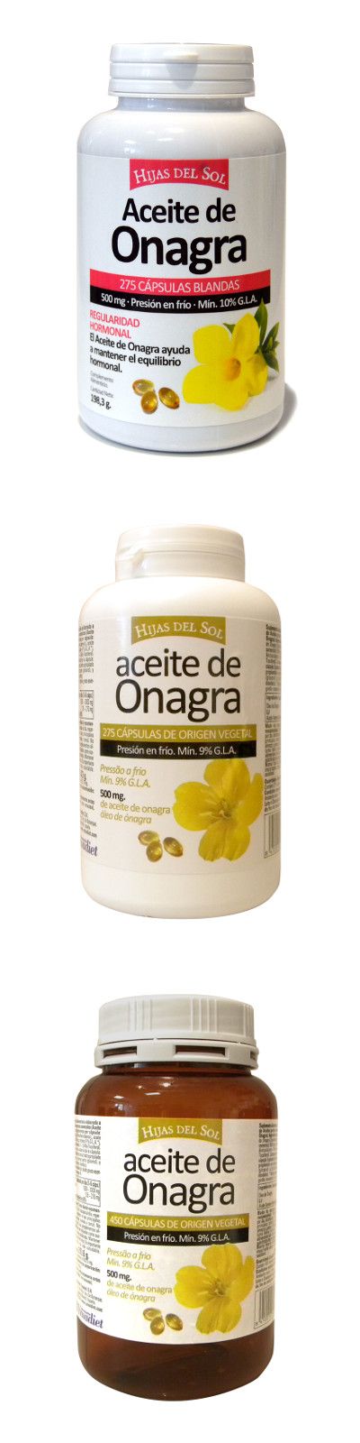 Onagra 500 Hijas del Sol. Envases de 100, 275 y de 450 cápsulas blandas. Cada cápsula contiene 500 mg de aceite de semilla de onagra (<i>Oenothera biennis</i> L. (10% GLA).