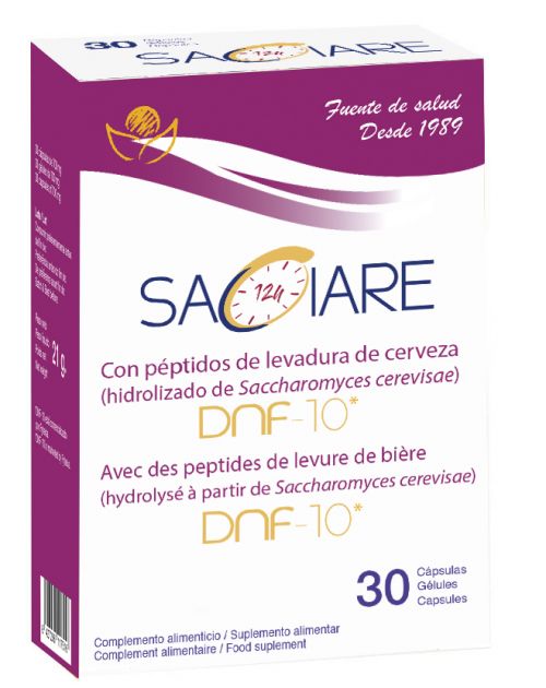 Saciare. Caja con 30 cápsulas. Cada cápsula contiene 500 mg de péptidos de levadura de cerveza DNF-10 (hidrolizado de <i>Saccharomyces cerevisae</i>). Complemento alimenticio.