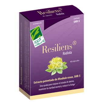 Resiliens Rodiola. Caja con 40 cápsulas vegetales, en blíster. Cada cápsula contiene 180 mg de extracto seco (SHR-5) de raíz de rodiola (<i>Rhodiola rosea</i>). Complemento alimenticio.