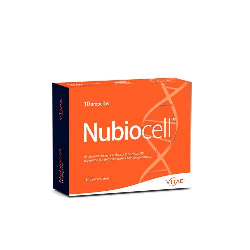 Nubiocell. Cada ampolla contiene 10 ml de extracto concentrado de <i>Chlorella pyrenoidosa</i> (100 % CGF). Presentación de 10 ampollas. CN: 158362.8.