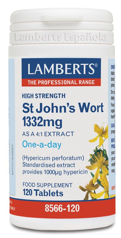 Hierba de San Juan 1332 mg. Envase con 120 tabletas. Cada tableta proporciona 333 mg de extracto 4:1 equivalente a 1.332 mg de planta, aportando 1.000 mcg de hipericina. Complemento alimenticio.