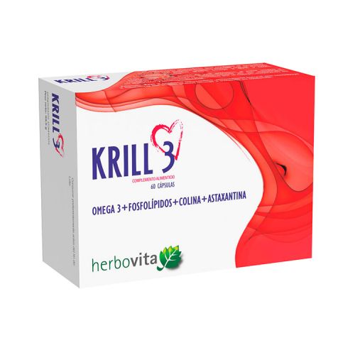 Krill 3. 60 cápsulas. Cada cápsula contiene 590 mg de aceite de krill antártico (<i>Euphausia superba</i>) “Superba Boost” que aporta: 330 mg de fosfolípidos y 157,5 mg de ácidos grasos omega 3 (88,5 mg de EPA y 41,3 mg de DHA), 41.3 mg de colina y 60 mcg de astaxantina. Complemento alimenticio.