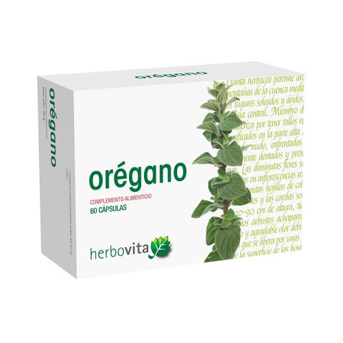 Orégano Herbovita. 60 cápsulas vegetales. Cada cápsula contiene 375 mg de extracto seco (4:1) de hoja de orégano (<i>Origanum vulgare </i>L.), titulado al 2% en aceites esenciales. Complemento alimenticio.