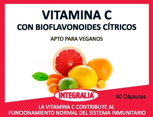 Vitamina C con Bioflavonoides Cítricos. 60 cápsulas. 2 cápsulas contienen 1000 mg de vitamina C (L-ácido ascórbico, bioflavonoides cítricos, ácidos grasos), 1.250% V.R.N.. Apto para veganos