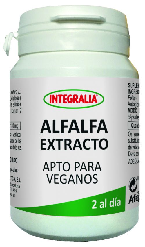 Alfalfa Extracto. 60 cápsulas. 2 cápsulas contienen 1.130 mg de extracto de alfalfa 4:1 (<i>Medicago sativa</i> L., hoja). Complemento alimenticio.