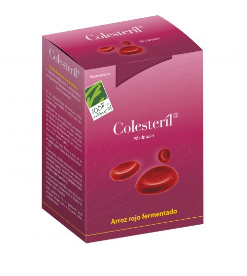 Colesteril. Envase con  90 cápsulas vegetales. Cada cápsula contiene 66 mg de arroz rojo fermentado, con 2,95 mg de monacolinas totales, de las cuales monoacolina K 2,2 mg. Complemento alimenticio. CN: 163487.0.