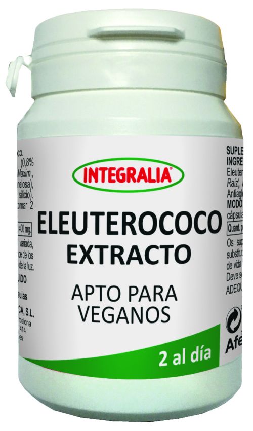 Eleuterococo Extracto. 60 Cápsulas. 2 cápsulas contienen  400 mg de extracto de eleuterococo 10:1 (0,8% eleuterósidos) (<i>Eleuterococcus senticosus</i> Rupr. et Maxim., raíz). Complemento alimenticio.  