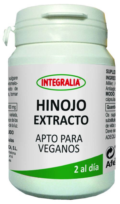 Hinojo Extracto. 60 cápsulas. 2 cápsulas contienen 1000 mg de extracto de hinojo 5:1 (<i>Foeniculum vulgare</i> Miller, fruto). Complemento alimenticio.