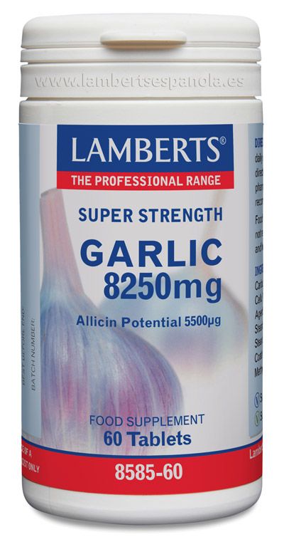 Ajo 8250 mg. Envase con 60 tabletas. Cada tableta proporciona 550 mg de polvo de ajo concentrado (equivalente a 8.250 mg de ajo fresco), Potencial de alicina: 5.500 µg. Complemento alimenticio.