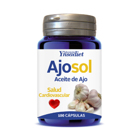 Ajosol. Envases de 100 cápsulas blandas. Cada perla contiene 300 mg de aceite macerado de ajo (<i>Allium sativum</i> L., bulbo) en base de aceite refinado de canola (<i>Brassica napus</i>). Complemento alimenticio.